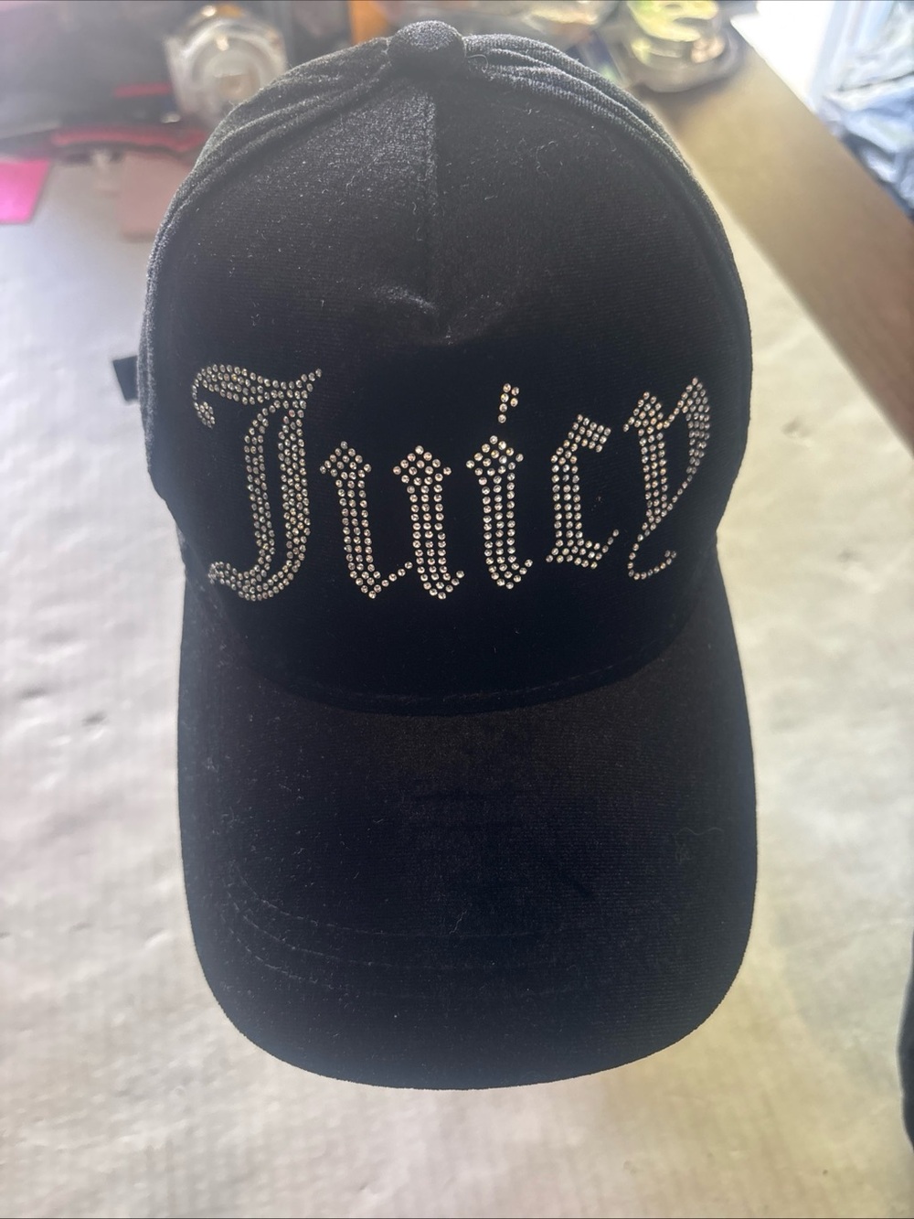 Juicy Couture Black Velour Hat with Rhinestone'Juicy' Logo